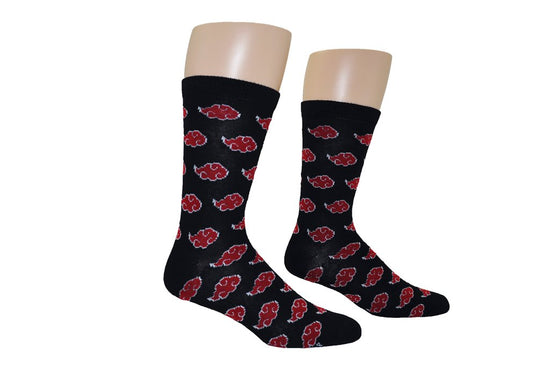 Akatsuki Symbol Crew Socks  Akatsuki Red Clouds from Naruto mean only one thing - bad guys.  Join up with the secret Akatsuki organization with these officially licensed Naruto socks, featuring a pattern of Akatsuki clouds against a black background. 