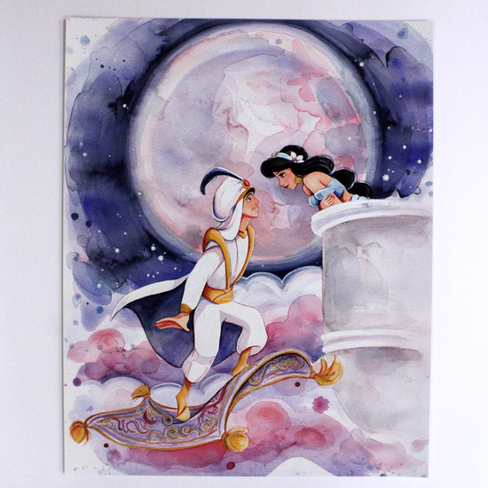 Load image into Gallery viewer, Aladdin and Jasmine &amp;quot;A Whole New World&amp;quot; Disney Watercolor Art Print
