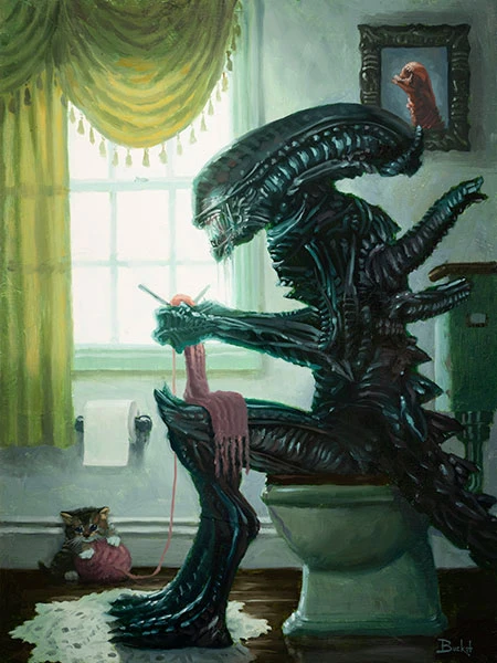 Load image into Gallery viewer, &amp;quot;Dropping Acid&amp;quot; Alien Xenomorph Parody Art Print by Bucket Art Details to Enjoy: Kitten playing with yarn while Alien knits, and the Alien baby painting in the background. Print Size: 12&amp;quot; x 16&amp;quot; on Premium Paper Made entirely in the USA
