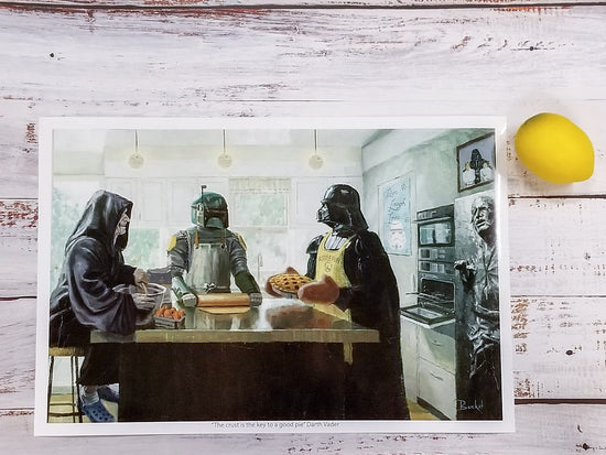 "Imperial Baking Party"  Parody Art Print by Bucket Art   Details to Enjoy:  The Emperor is wearing Crocs, Vader is wearing "Hufflepuff" apron from Harry Potter (Who knew that was his house?!), The cheerful Skywalker family portrait in background, Han Solo frozen in carbonite is the refrigerator,  The kitchen lights are mini death stars.