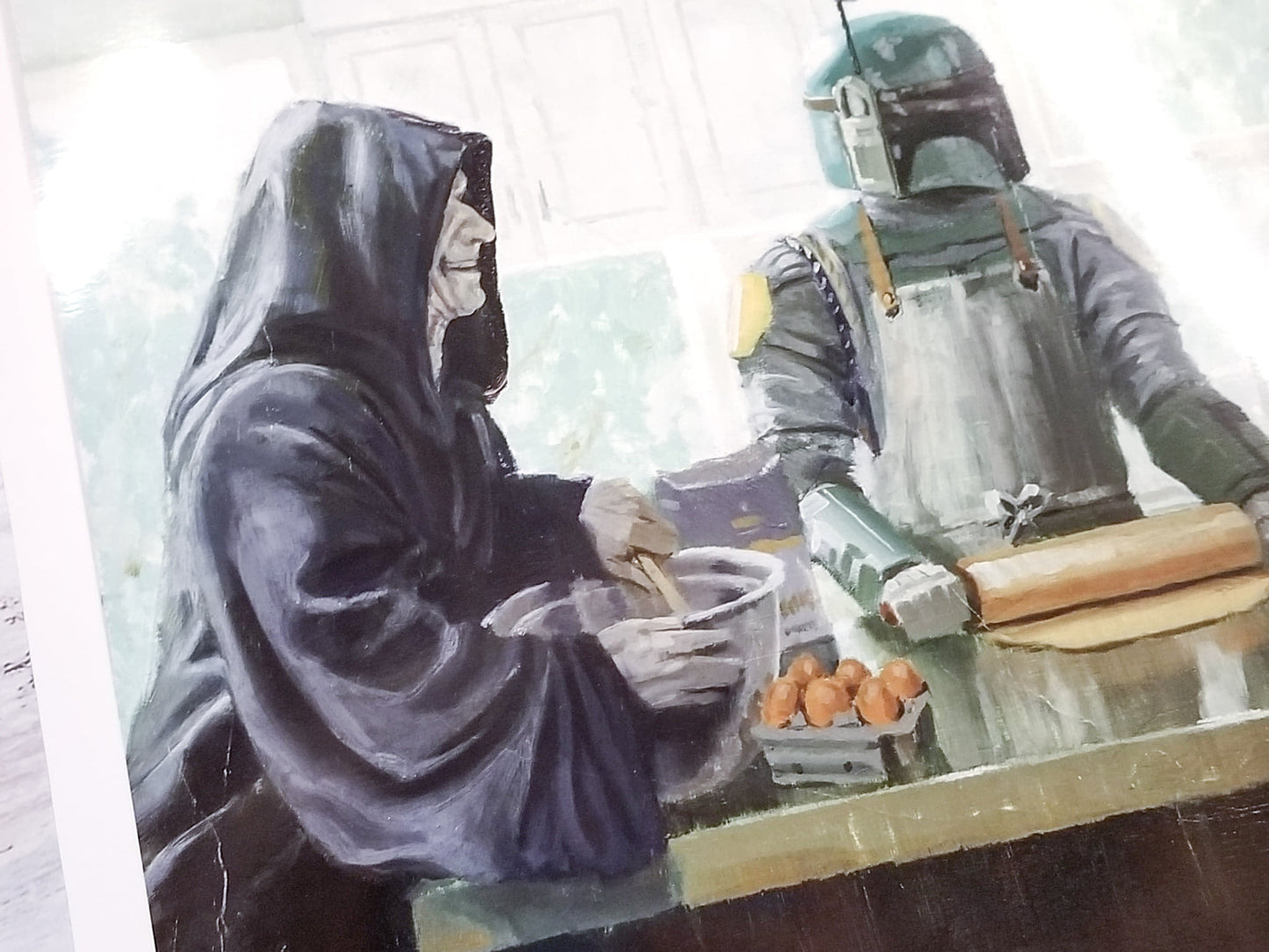 "Imperial Baking Party"  Parody Art Print by Bucket Art   Details to Enjoy:  The Emperor is wearing Crocs, Vader is wearing "Hufflepuff" apron from Harry Potter (Who knew that was his house?!), The cheerful Skywalker family portrait in background, Han Solo frozen in carbonite is the refrigerator,  The kitchen lights are mini death stars.
