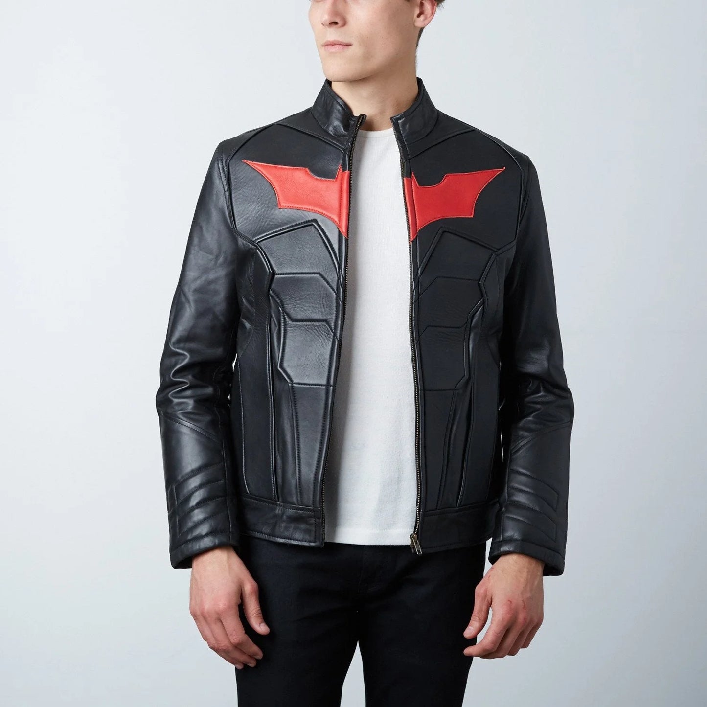 Load image into Gallery viewer, Batman Beyond (DC Comics) Armored Black Leather Motorcycle Jacket by Luca Designs

