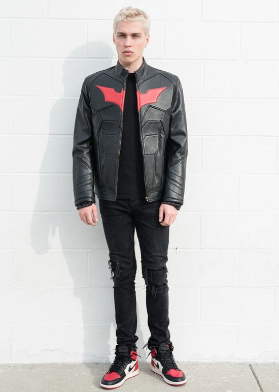Load image into Gallery viewer, Batman Beyond (DC Comics) Armored Black Leather Motorcycle Jacket by Luca Designs

