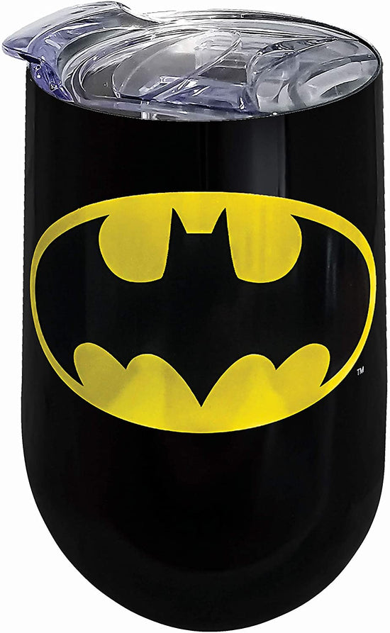 Celebrate the Bruce Wayne fan in your life with this 16oz size, double-wall insulated stainless steel wine tumbler.  Our travel mug tumblers are made of double walled stainless steel. A clear lid with sliding lock design is included. Each tumbler is approximately 5 5/8" tall, holds 16 ounces and is suitable for both hot and cold beverages.