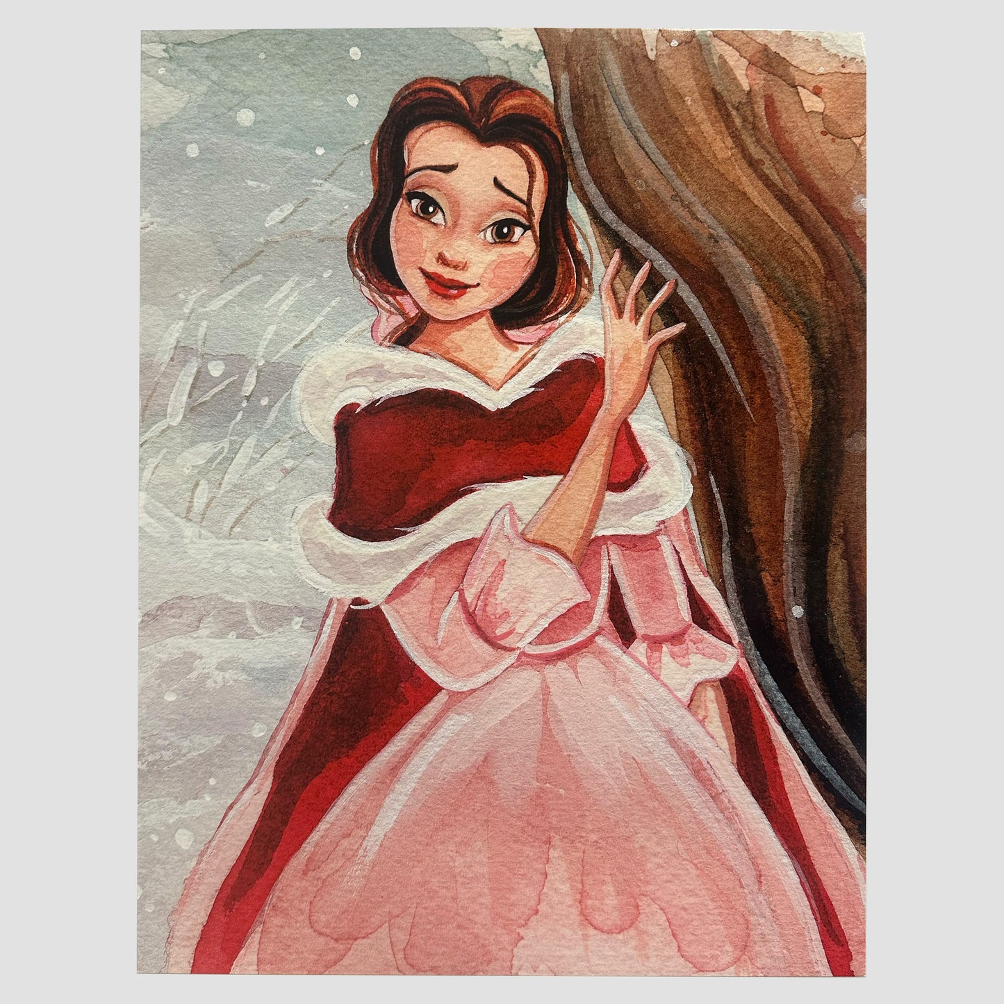 Belle in Winter Dress (Beauty and the Beast) Disney Watercolor Art Print