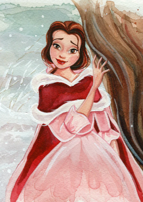 Belle in Winter Dress (Beauty and the Beast) Disney Watercolor Art Print