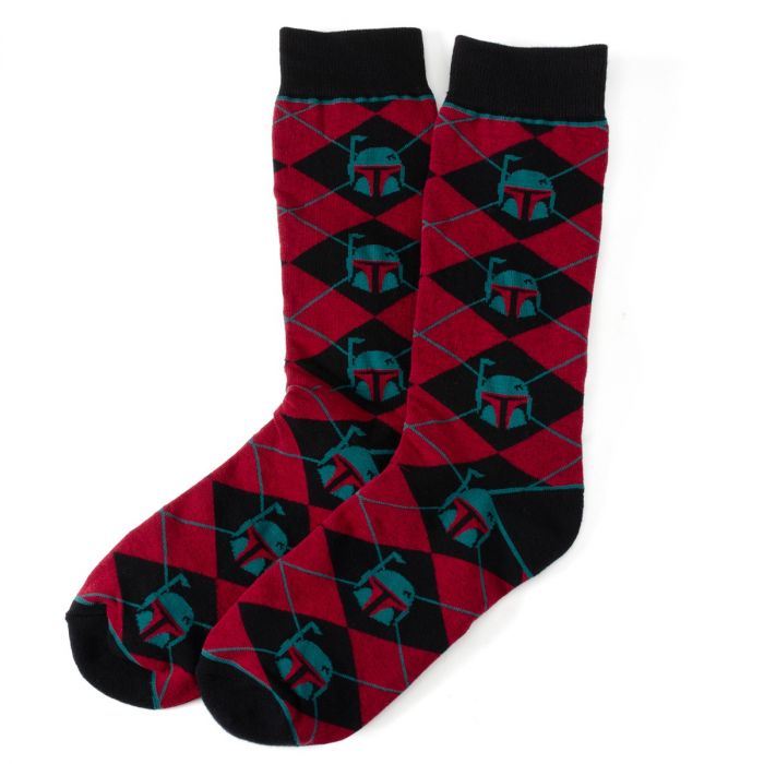 Star Wars Boba Fett Helmet Maroon Argyle Men's Dress Socks