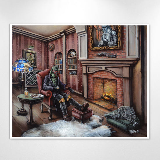 Load image into Gallery viewer, Boba Fett &amp;quot;Relaxing by the Fire&amp;quot; (Star Wars) Parody Art Print

