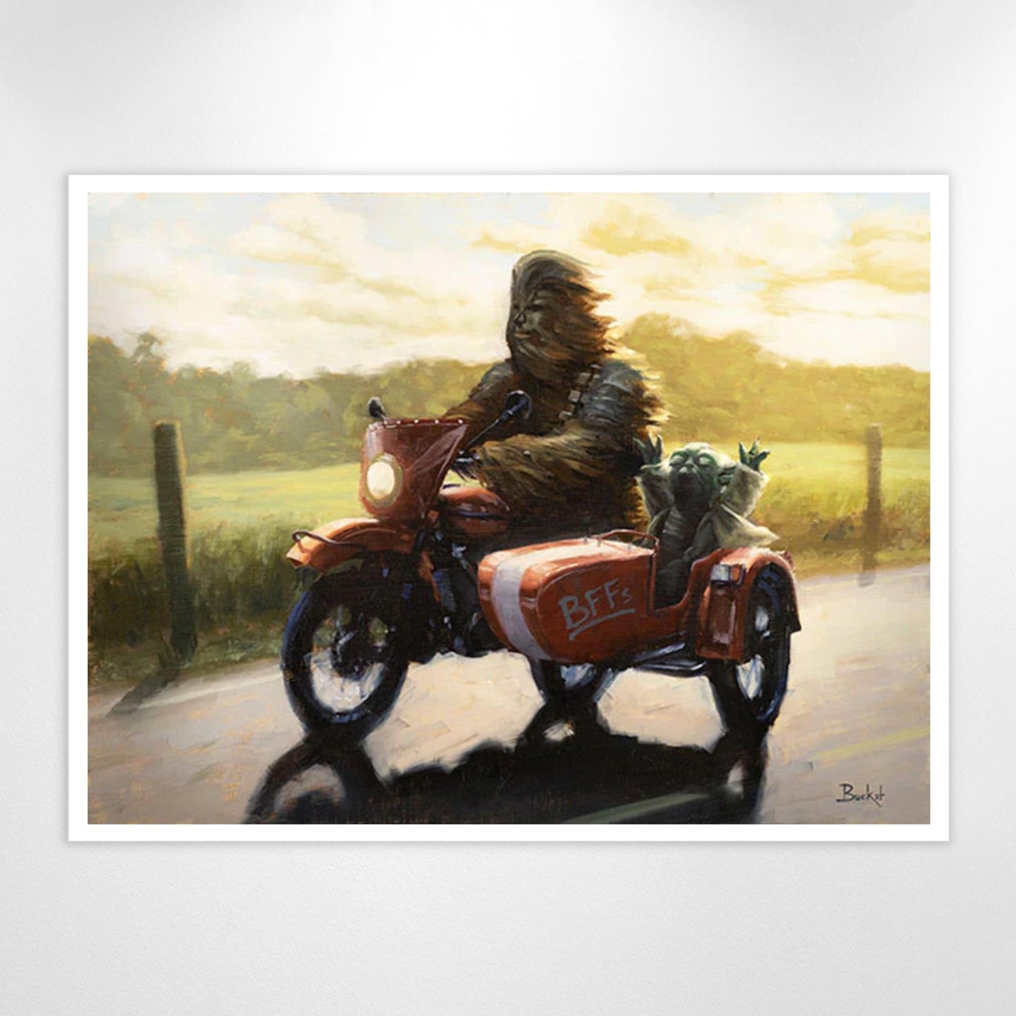 Load image into Gallery viewer, Yoda &amp;amp; Chewbacca on Vintage Motorcycle (Star Wars) Parody Art Print

