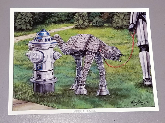 "Imperial Mark" Star Wars Parody Art Print by Ashley Raine   Who's an Imperial Good Boy? Our favorite AT-AT pup is out for a walk with his Trooper. They've found the droid they're looking for! Now, pup is making his mark on the R2-D2 fire hydrant!  Should he be doing that? We're not too sure, but his Stormtrooper doesn't seem to mind.