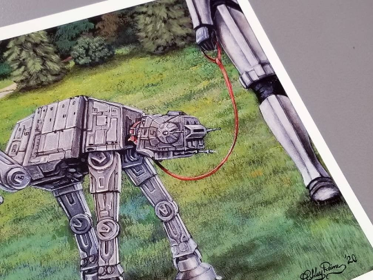 "Imperial Mark" Star Wars Parody Art Print by Ashley Raine   Who's an Imperial Good Boy? Our favorite AT-AT pup is out for a walk with his Trooper. They've found the droid they're looking for! Now, pup is making his mark on the R2-D2 fire hydrant!  Should he be doing that? We're not too sure, but his Stormtrooper doesn't seem to mind.
