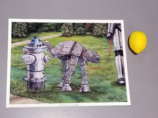 Load image into Gallery viewer, &amp;quot;Imperial Mark&amp;quot; Star Wars Parody Art Print by Ashley Raine   Who&amp;#39;s an Imperial Good Boy? Our favorite AT-AT pup is out for a walk with his Trooper. They&amp;#39;ve found the droid they&amp;#39;re looking for! Now, pup is making his mark on the R2-D2 fire hydrant!  Should he be doing that? We&amp;#39;re not too sure, but his Stormtrooper doesn&amp;#39;t seem to mind.

