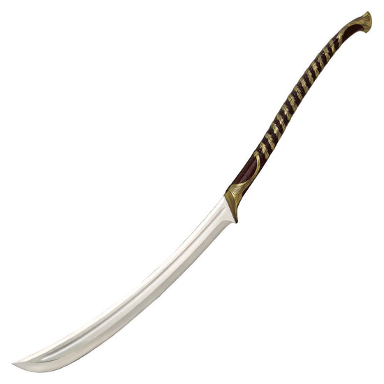 Load image into Gallery viewer, This officially licensed and superb quality reproduction item is an exact replica of the High Elven warrior sword that appears in the opening battle sequence of The Lord of the Rings movie trilogy.  Measuring 49 3/4&amp;quot; overall, this elegant and deadly sword features a 24&amp;quot; tempered, 420 stainless steel, false edged blade.  The precision cast metal handle offers a si
