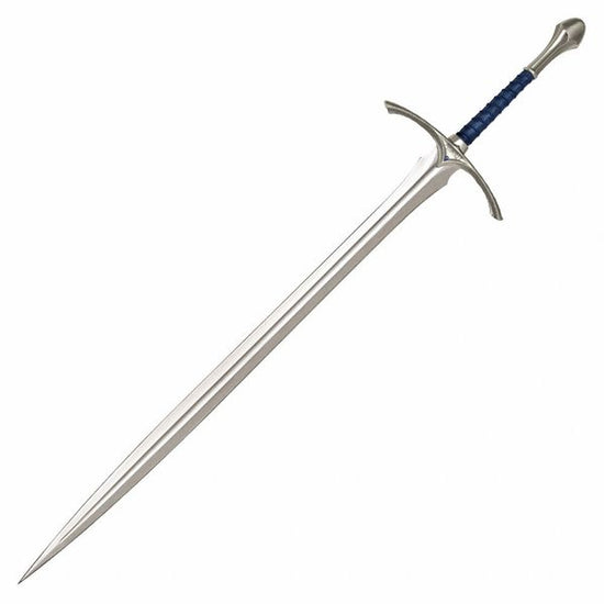 Glamdring, also called the Foe-hammer or the Beater, was a hand-and-a-half sword carried by Gandalf the Grey (Later Gandalf the White) in J.R.R. Tolkien's The Hobbit and The Lord of the Rings.   This beautiful, fully authorized recreation has been crafted to resemble Gandalf's sword as seen in the Lord of the Rings films.  It features a solid metal guard and pommel, antique metal finish, and genuine leather-wrapped grip in the iconic saphire blue leather.  