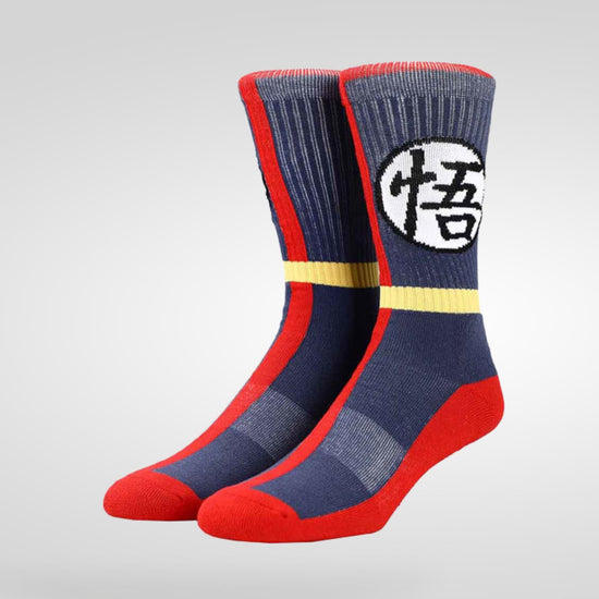 Load image into Gallery viewer, Goku Kanji Logo (Dragon Ball Z) Red and Blue Stripe Crew Socks
