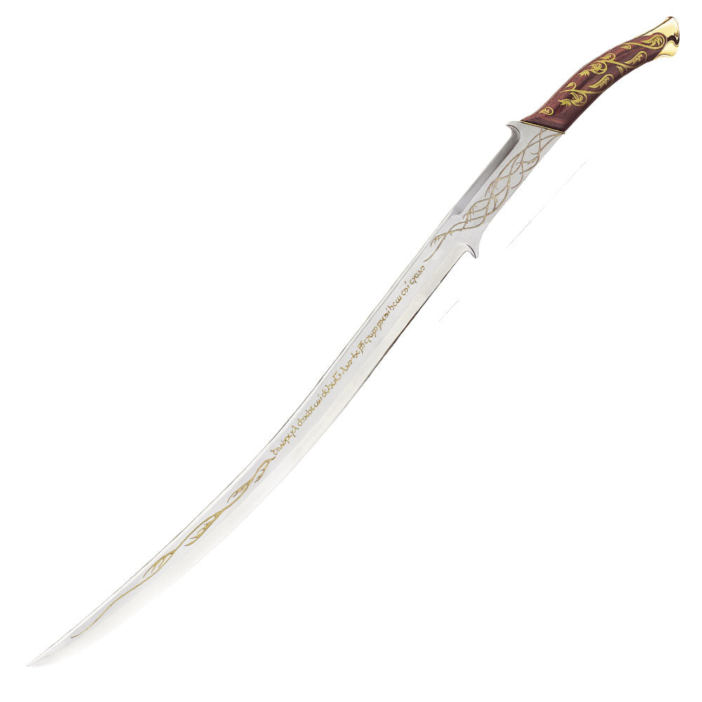 Load image into Gallery viewer, In the Lord of the Rings films, Hadhafang was wielded by Elrond during the battle between the Last Alliance of Elves and Men.   This recreation features a solid metal pommel with polished wooden handgrip. Elven vine and rune design recreate the films.  It features a 420 stainless steel blade, sharp-edged. A wooden display stand and certificate of authenticity are included.  38 1/8&amp;quot; overall length 30&amp;quot; blade lengthHadhafang Sword of Arwen Lord of the Rings Stainless Steel Prop Replica
