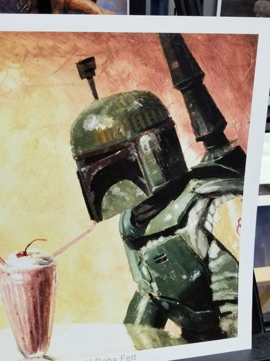 Load image into Gallery viewer, &amp;quot;BFF&amp;#39;s&amp;quot; Star Wars Darth Vader &amp;amp; Boba Fett Parody Art by Bucket  What can you say about a Sith Lord and Mandalorian Bounty Hunter sharing a classic strawberry milkshake together at the ice cream parlor?  We haven&amp;#39;t found the words yet, but we know that this is the PERFECT art to celebrate best friends and partners-in-crime (or galactic domination). 

