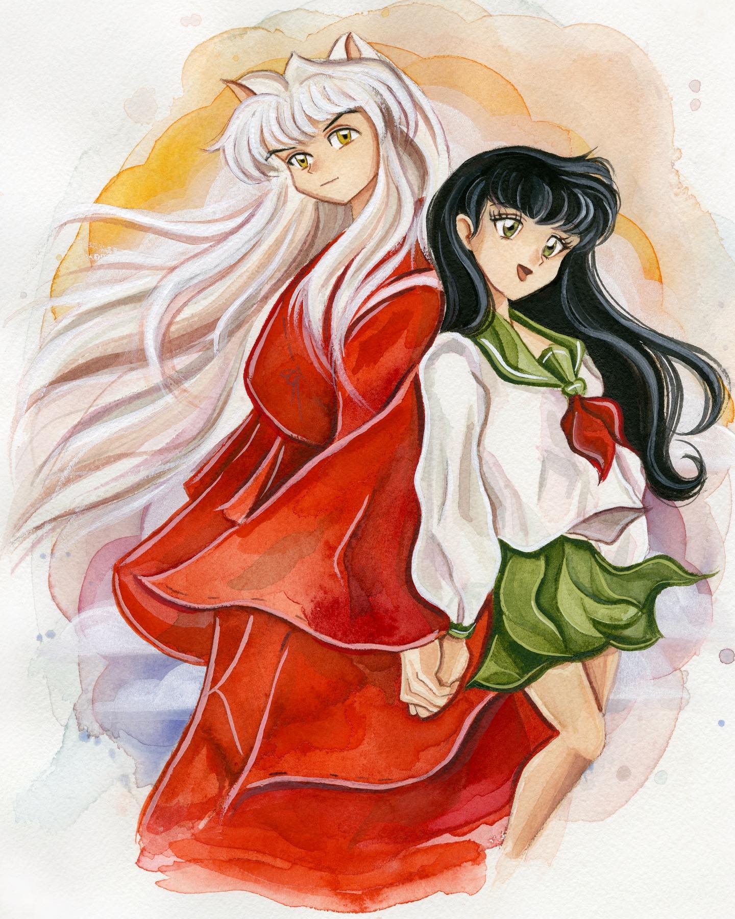 Load image into Gallery viewer, Inuyasha and Kagome premium art print by artist Megan Withey. From the beloved anime and manga series InuYasha, this print is based on an original watercolor painting. 

