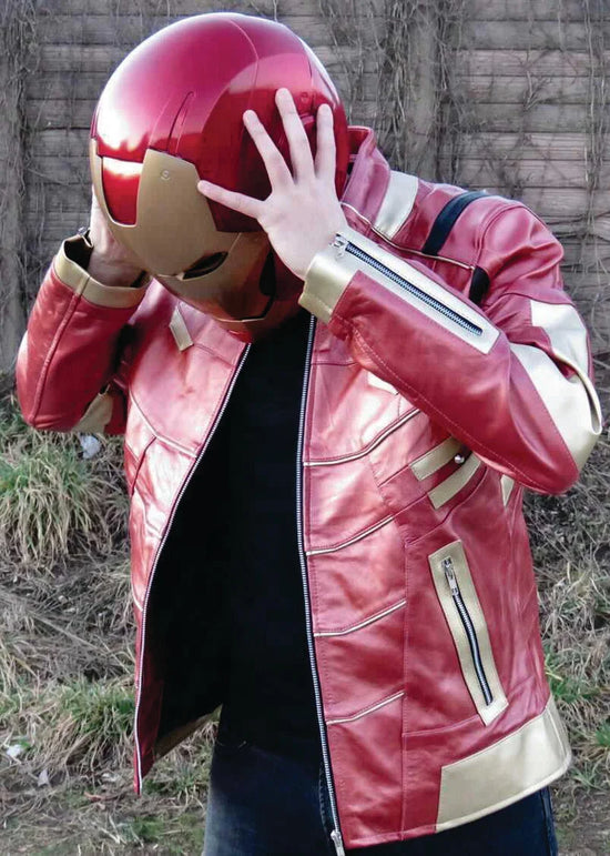 Load image into Gallery viewer, Iron Man Armor (Marvel) Platinum Red &amp;amp; Gold Leather Jacket by Luca Designs
