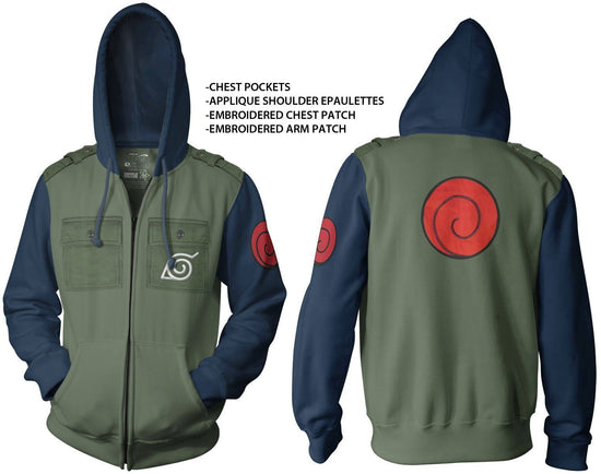 Officially Licensed Naruto Shippuden Military Style Kakashi Hoodie — a cozy zipper sweatshirt with incredible detail work including the Leaf Village emblem and the red swirl Uzumaki Clan Symbol.    Officially Licensed 60/40% Cotton Polyester Machine washable