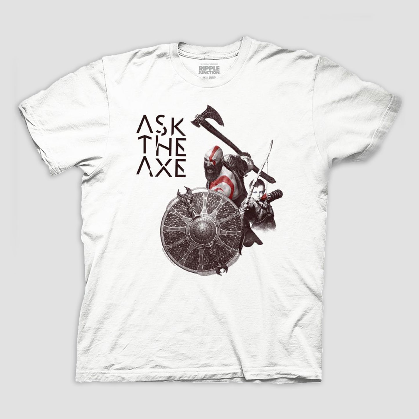 Load image into Gallery viewer, Kratos &amp;amp; Atreus &amp;quot;Ask The Axe&amp;quot; (God of War) White Unisex Shirt
