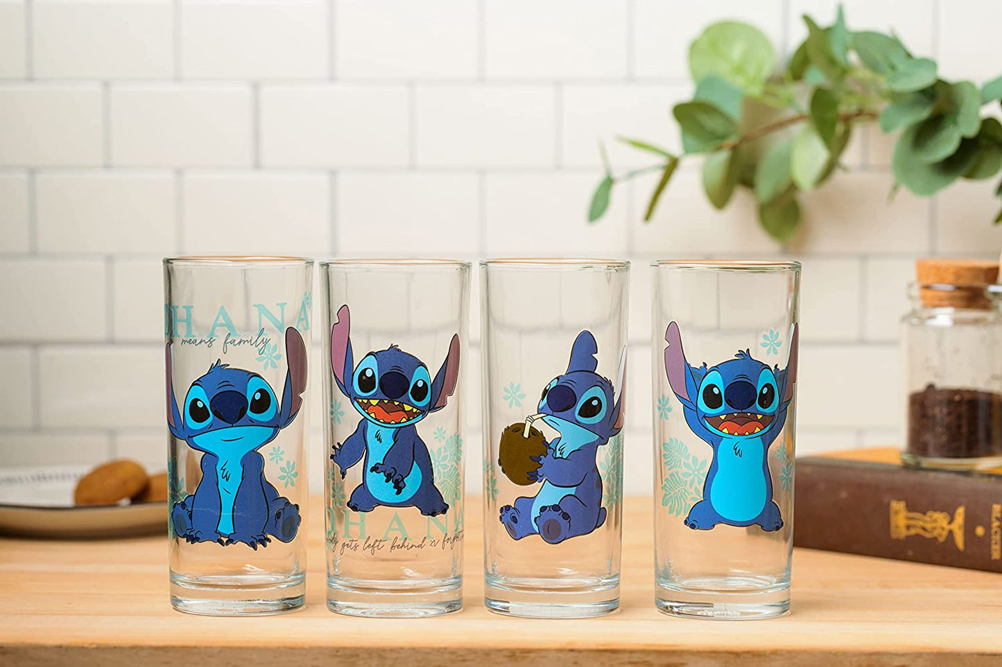 Lilo and Stitch "Blue Flowers" Disney 10oz Set of 4 Glasses