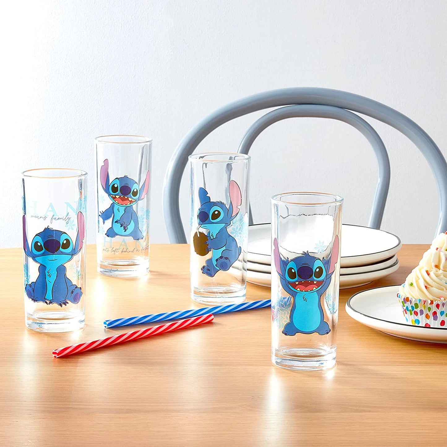 Lilo and Stitch "Blue Flowers" Disney 10oz Set of 4 Glasses