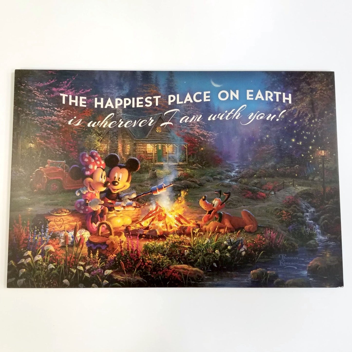 Mickey & Minnie Mouse "Sweetheart Campfire" (Disney) Thomas Kinkade Wood Sign