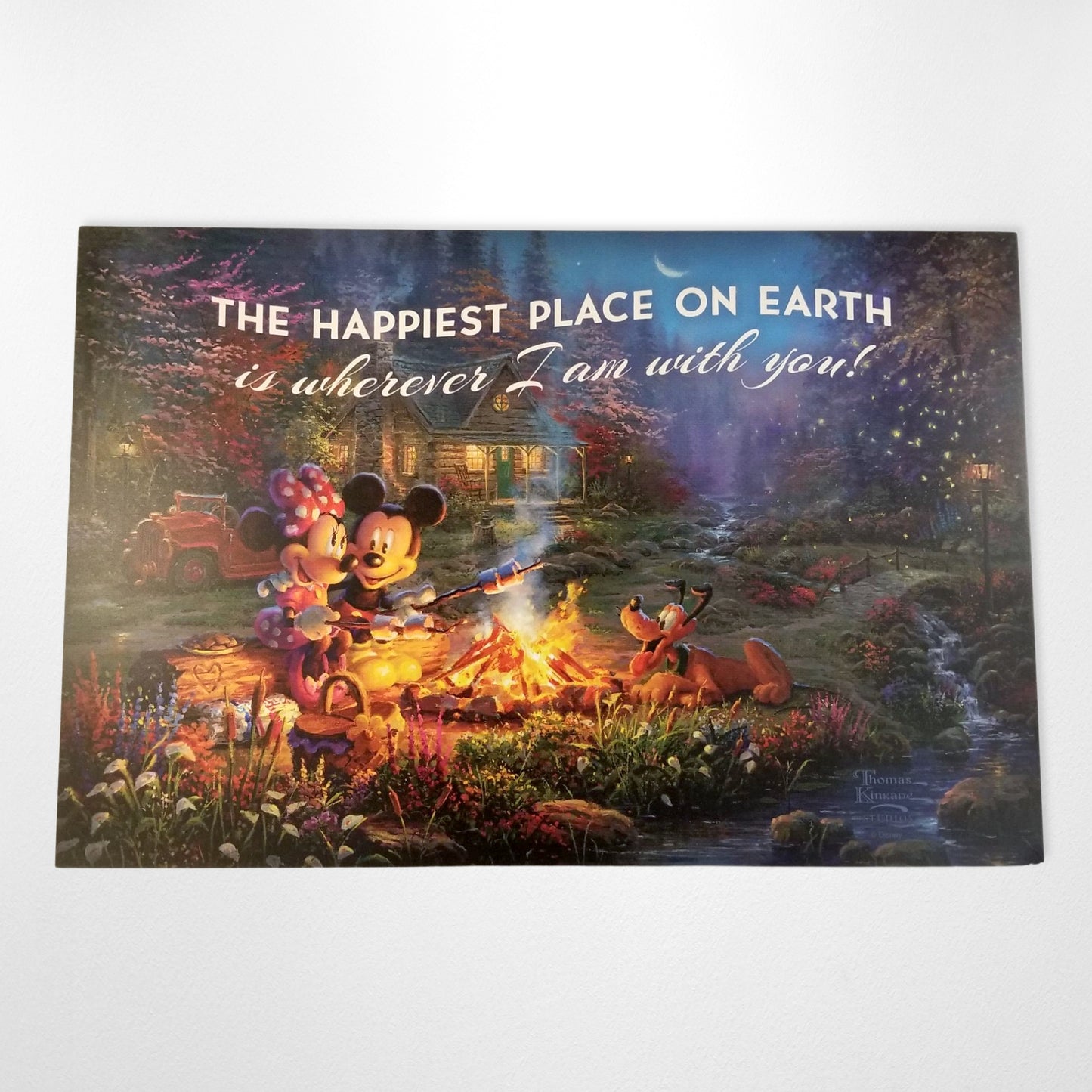 Mickey & Minnie Mouse "Sweetheart Campfire" (Disney) Thomas Kinkade Wood Sign