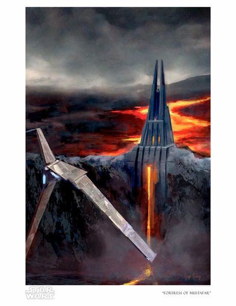 "Fortress of Mustafar"  by Cliff Cramp  Inspired by the striking scene Star Wars: Rogue One, this art print features Sith Lord Darth Vader's stronghold on Mustafar. 