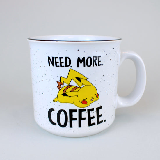 Load image into Gallery viewer, Pikachu &amp;quot;Need More Coffee&amp;quot; 20oz. White Ceramic Campfire Mug
