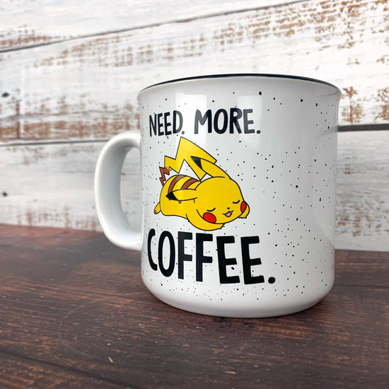 Pikachu "Need More Coffee" (Pokemon) 20oz. White Ceramic Campfire Mug