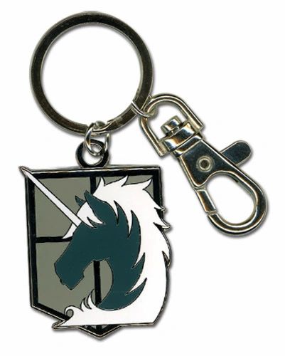 Load image into Gallery viewer, An enameled metal keychain with clip and ring, depicting the Military Police Brigade emblem from Attack on Titan.  The metal emblem is approximately 1 inch wide by 1.5 inches tall.
