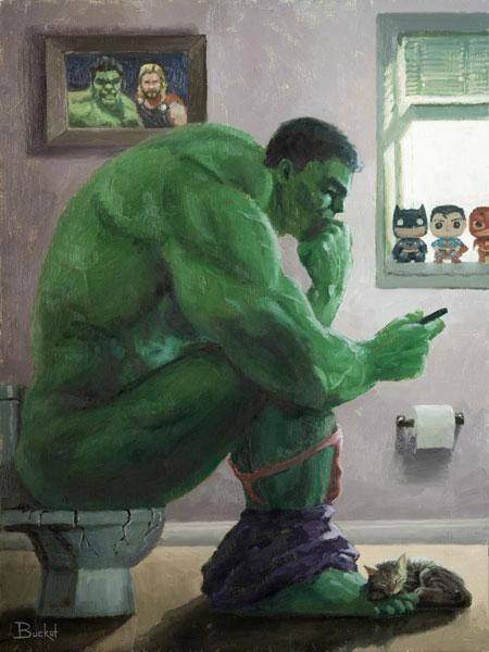 "Hulk Splash" The Incredible Hulk Bathroom Art Print by Bucket Art.  Details to Enjoy: The kitten curled by Hulk's feet, selfie photo of Hulk & Thor, on the wall, Funko Pops of DC characters by window, and Hulk's underwear.  Print Size: 16" x 12" on Premium Archival Paper Made with love in the USA