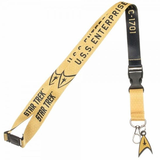 Load image into Gallery viewer, Star Trek Yellow Command Division Lanyard inspired by Star Trek The Original Series.  Officially Licensed Star Trek Product from Bioworld Includes Rubber Charm and Clear ID Sleeve Quick release clip Reversible U.S.S. Enterprise NCC - 1701 Design - One Size Fits All Includes Collectible Sticker

