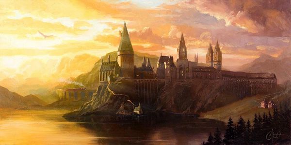 "Welcome to Hogwarts" Harry Potter Art by Christopher Clark  Stunning licensed art print of the Hogwarts castle at sunset. The Hogwarts Express is arriving, an owl flies overhead, and Hagrid's Hutt can be seen.  Fully licensed fine art print, sized 10" x 18" on premium paper