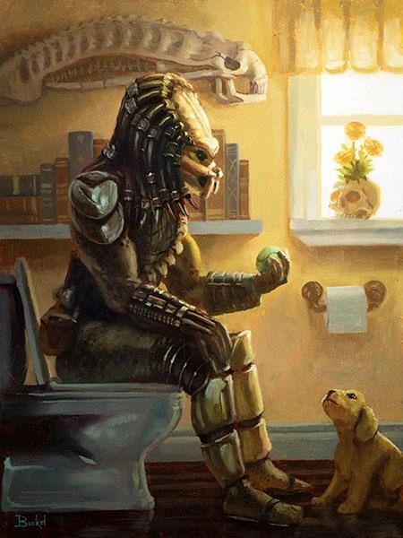 "Before The Hunt" Predator Parody Art Print by Bucket Art.  Cool Details: A human skull planter in the window sill. Predator is playing with his favorite of his 12 puppies, and don't forget that the predator is very well read as seen by his assortment of books. He is definitely a Shakespeare kind of guy.  Print Size: 12" x 16" on Premium Paper