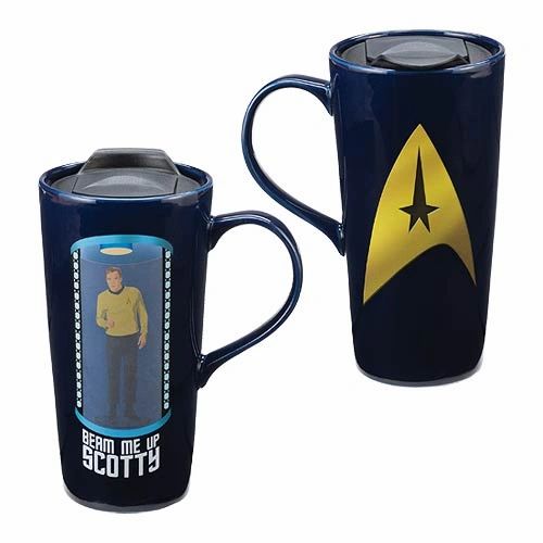 Don't leave the Enterprise for a mission without your favorite beverage! With this Star Trek Beam Me Up Scotty 20 oz. Heat Reactive Ceramic Travel Mug, you'll get to travel around with Captain Kirk on missions abroad.  Along with the words, "Beam me up, Scotty," this fantastic mug features a heat reactive design - when you add hot liquid, Captain James T. Kirk appears in the Transporter!