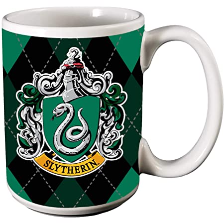 Slytherin House Argyle Pattern Ceramic Mug  Start your day with a cup of your favorite hot beverage in honor of your Hogwarts House!  This Harry Potter Slytherin House Mug prominently features the Slytherin house crest and colors as featured in the film series.