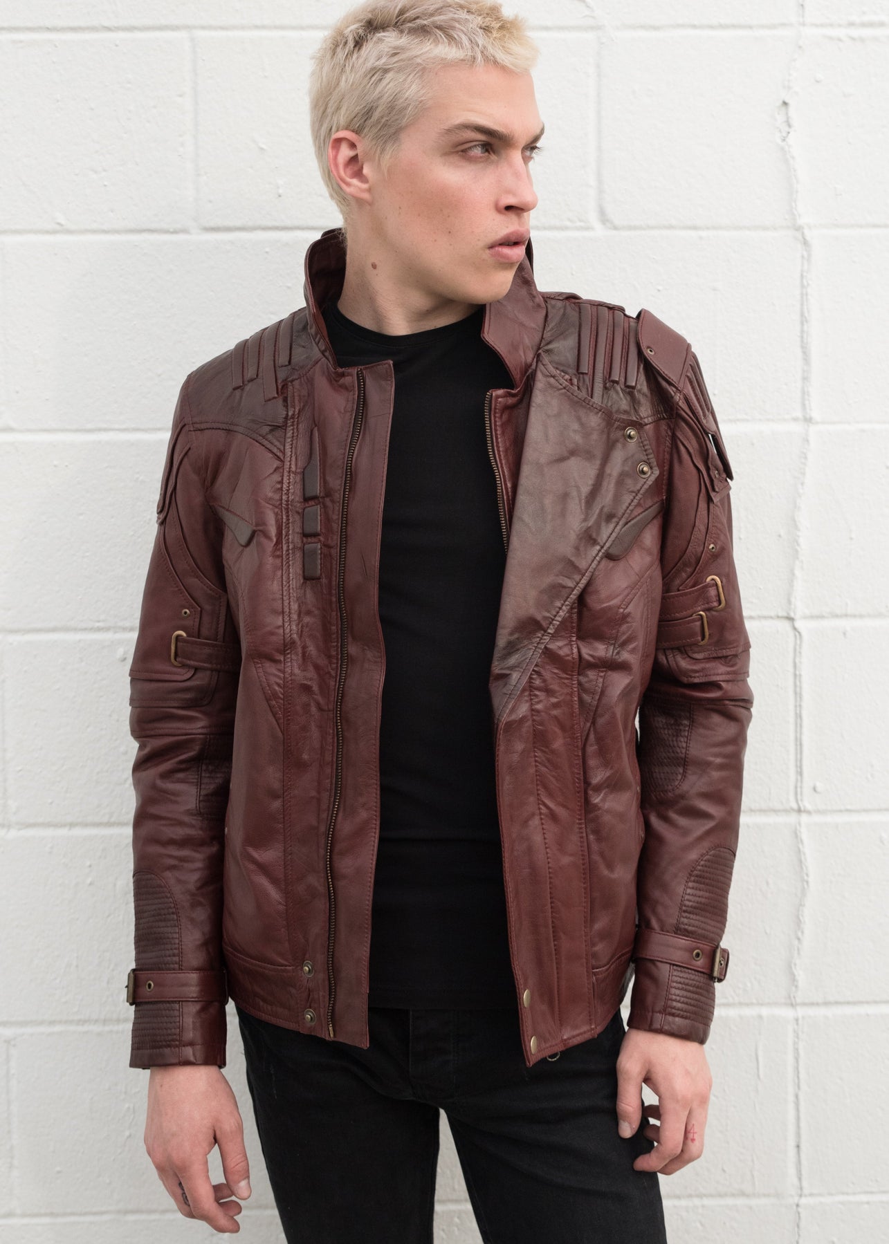 Star-Lord Guardians of the Galaxy (Marvel) Mens Dark Red Leather Jacket by Luca Designs