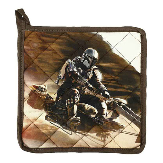 Load image into Gallery viewer, Din Djarin and Grogu on Speeder Bike (Star Wars: The Mandalorian) Quilted Pot Holder
