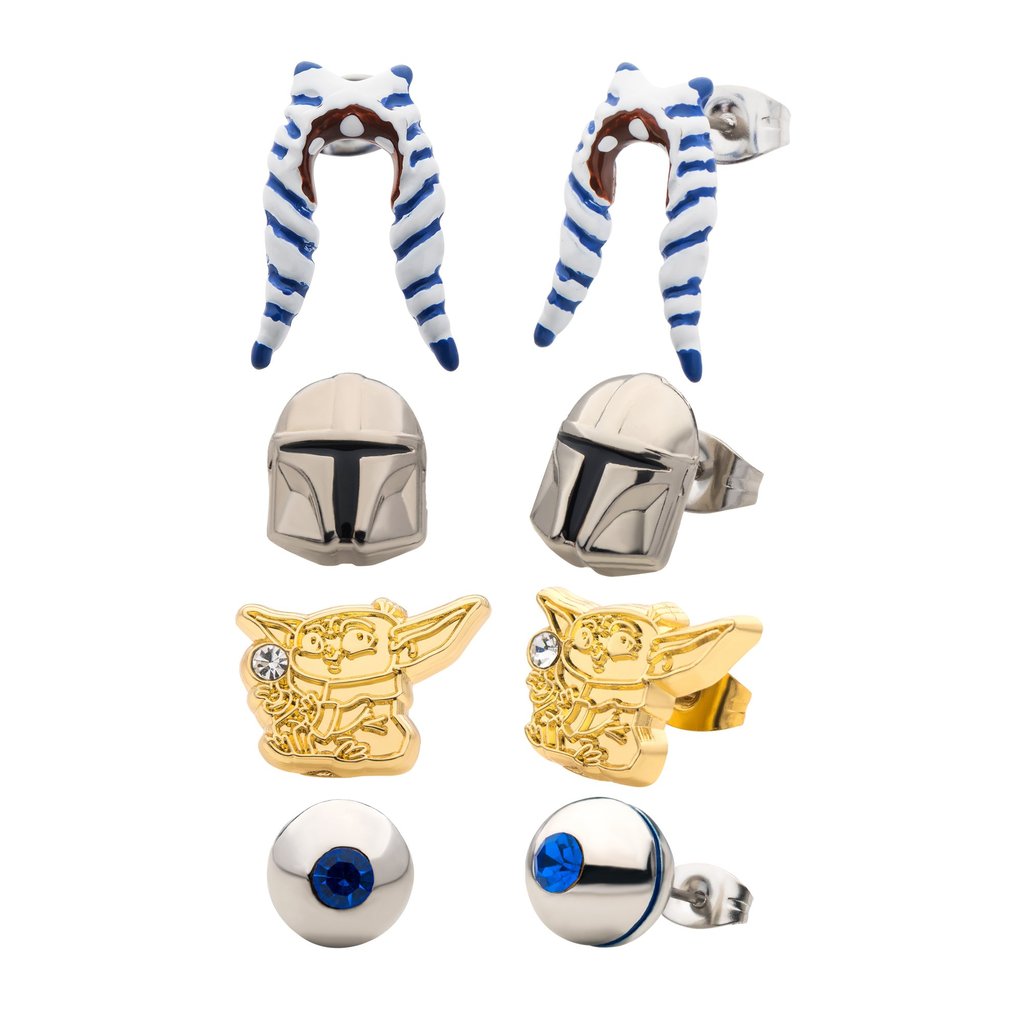 Grogu, Mandalorian Helmet, & Ahsoka (Star Wars) Stud Earring 4 Pack