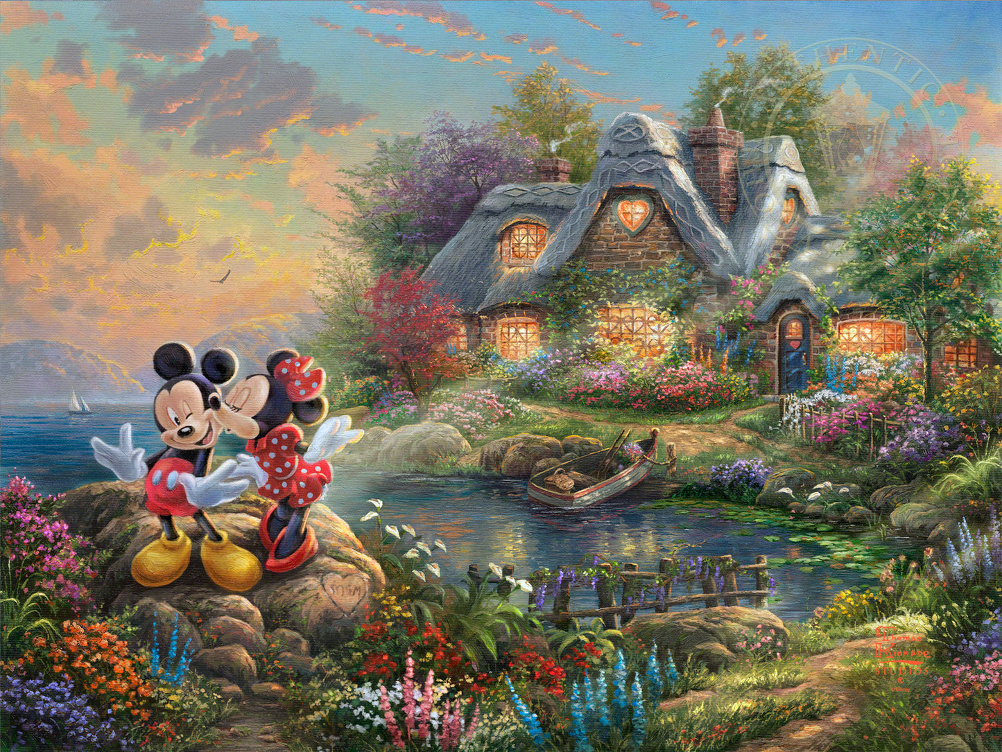 "Sweetheart Cove" (Disney) Mickey and Minnie Thomas Kinkade Framed Art Print