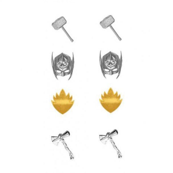 Mjolnir and Thor Symbols (Thor: Love and Thunder) Stud Earring 4 Pair Set