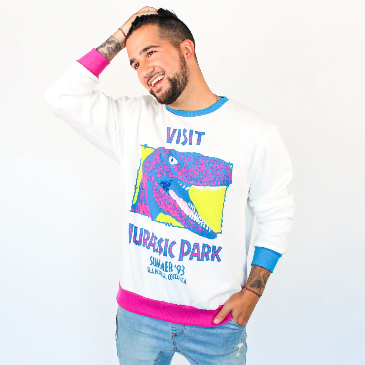 Visit Jurassic Park Summer 1993 Retro Neon Pullover Sweater by Cakeworthy